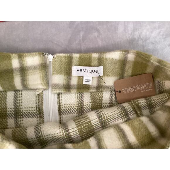 Vestique Women‎ Mini Skirt Sage White Plaid Size L Wool NWT - Picture 6 of 8